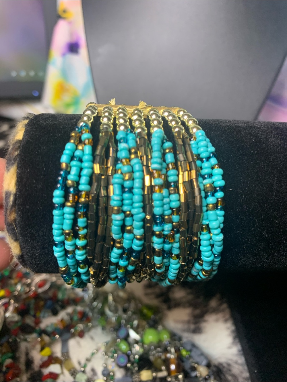 Turquoise and Gold Seed Bead Multi-Row Bracelet